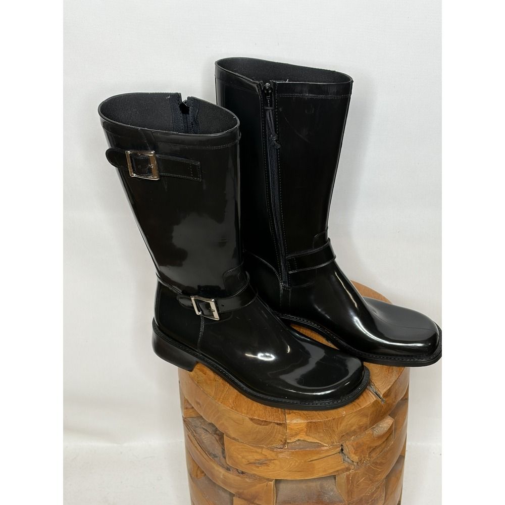 Donald J Pliner Black Patent Leather Square Toe Engineer Moto Boot Buckle Y2K S9